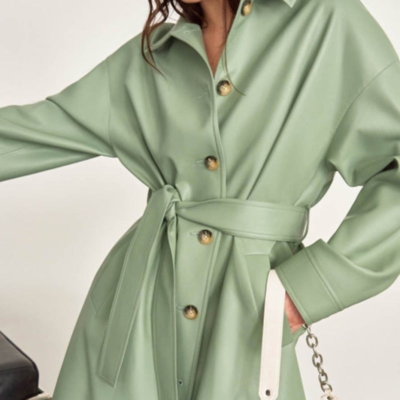 Churses Fashion Belt Mintgreen PU Leather Trench Coat Women Autumn Winter Long Sleeve Single Breasted Long Coat 2023 New