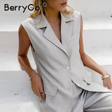 BerryGo Gray sleeveless woman suits Summer casual loose suit Chic suit collar woman sets Sleeveless top high waist pants suit