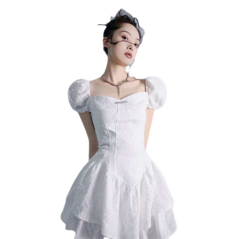Billlnai 2023 Graduation party  Student Ins Chic Summer New Korean Kawaii Girl Spice Square Neck Bubble Sleeve Waist Short Puffy Dress Fairy