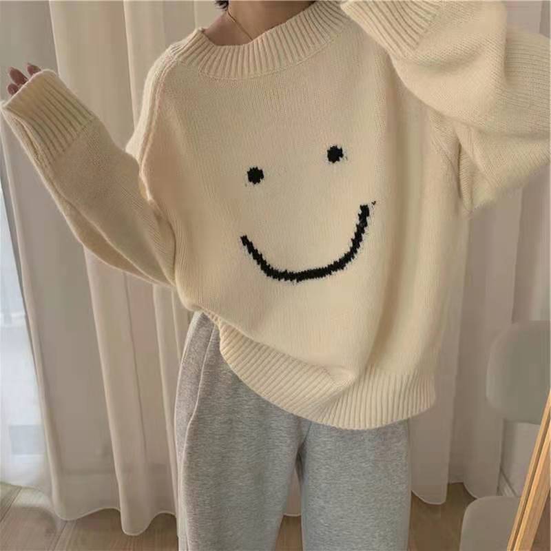 Graduation Gift  party  dress  Billlnai  2023  Smile Knitted Sweater Women Korean O-Neck Long Sleeve Autumn Jumpers Loose Casual Vintage Knitwear Pullovers Harajuku