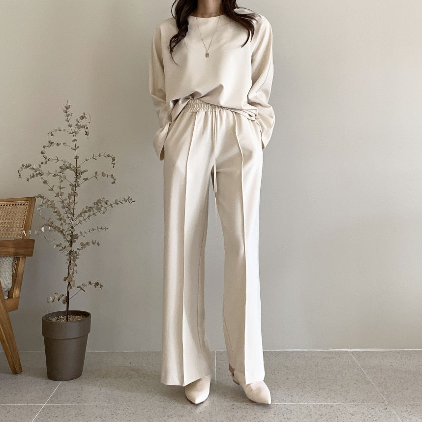 Autumn Winter Women Two Piece Set Outfits Long Sleeve Tops and High Wasit Wide Leg Long Pants Casual Ladies 2 Piece Set Elegant