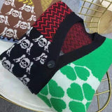 WeiYao Vintage Knitted Cardigan Sweater Women Patchwork Denim Coat V Neck Long Sleeve Knitwear Casual Loose Outwear Female Tops