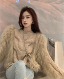 Graduation Gifts  2023 Autumn and Winter Women New Crewneck Long Sleeve Wool Sweater Fur Patchwork Fashion Pullover Sweater Tops Female