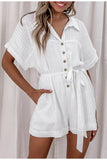 BerryGo Cotton bat sleeve short jumpsuit White high waist casual Female Romper Solid high street lace-up summer V-neck jumpsuit