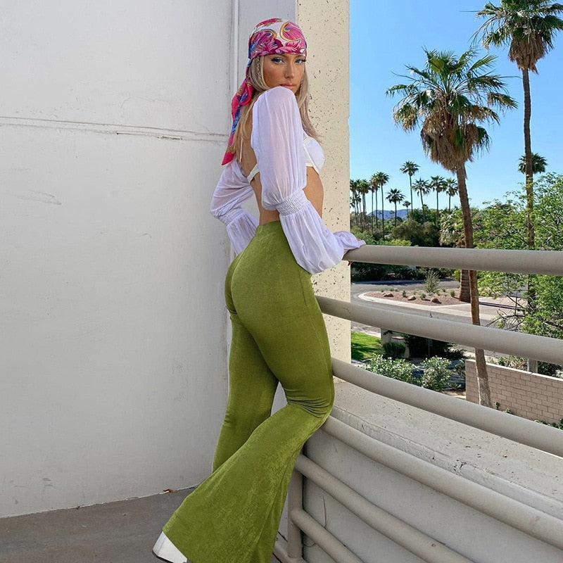 Tossy Vintage High Waist Flare Pants For Women Fashion Streetwear Female Bodycon Slim Trousers Green Sparkly Leggings 2023 New