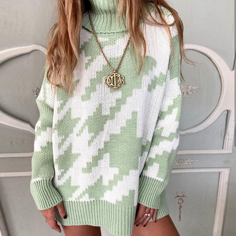 Billlnai 2023 Woman Sweaters Lapel Houndstooth Oversize Vintage Pullover Women Dropped Sleeve Winter Pull Femme Chic Tops Jumper