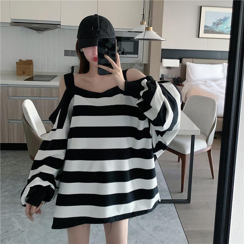 Women Striped Printed Simple All-match Off Shoulder Slash neck Pullovers Womens Trendy Sweatshirts