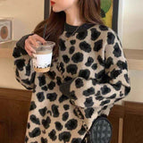 Women Sweater Leopard Loose Knitted Korean Pullovers Female All-match Oversize Jumper Tops Autumn Winter Fashion Clothes Woman