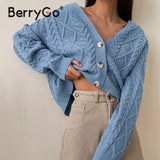 BerryGo Za school button v-neck short cardigan girl  Casual long sleeve knit sweater cardigan autumn  Fashion elegant women tops