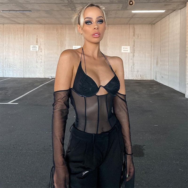 Graduation Party Dress Gift Billlnai 2023  Mesh See Through Halter Backless Top and Blouses Shirts Fashion Club Party Hot Sexy Black Cropped Tops Shirt