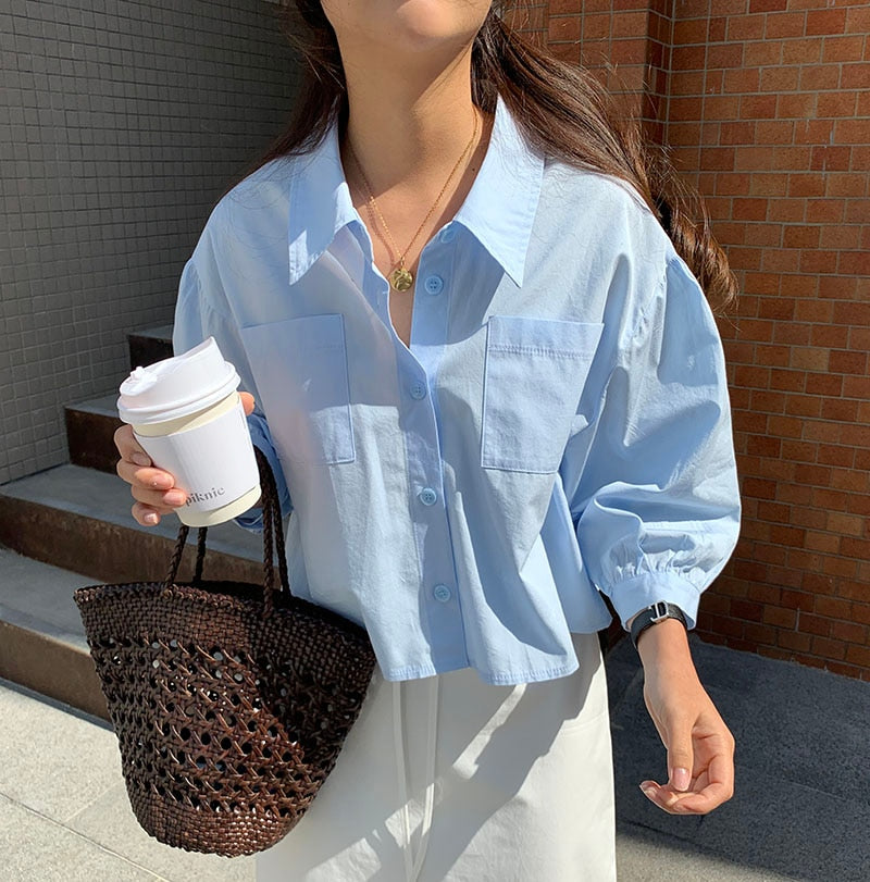 Women Blouse Korean Style Chic Single Breasted Turn Down Collar Loose Solid Color Ladies Tops Femme Casual Blusas Mujer De Moda