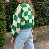 Christmas Gift Nadafair Checkerboard Plaid Sweater Women Jumper O Neck Autumn Pollovers Green Y2K Casual Winter Knitted Tops Pull Femme
