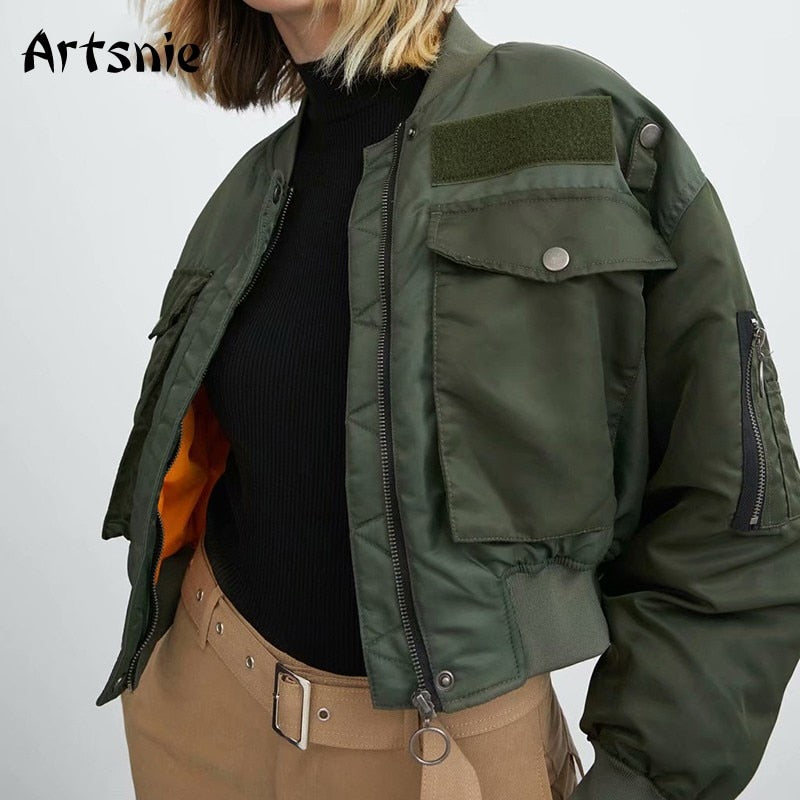 Artsnie Autumn 2020 Bomber Jacket Women Army Green Warm Zipper Pockets Winter Coat Female Jacket Parkas Femme Chaqueta Mujer
