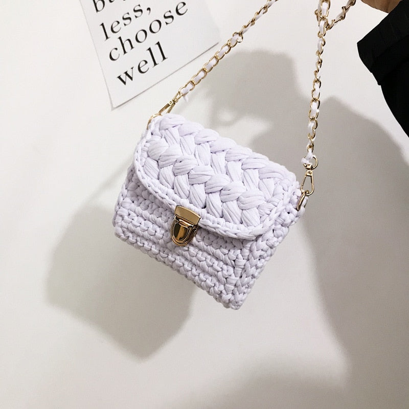 Graduation Gifts  Women's 2023 Bag Cloth Crochet Woven Bag Hand Made Woven Chain Lock Women's Crossbody Single Small Ladies' Shoulder Bag New