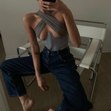 Cryptographic Fashion Plaid Cross Halter Sexy Cut-Out Crop Tops Women Sexy Backless Cropped Feminino Top Summer 2023 Streetwear