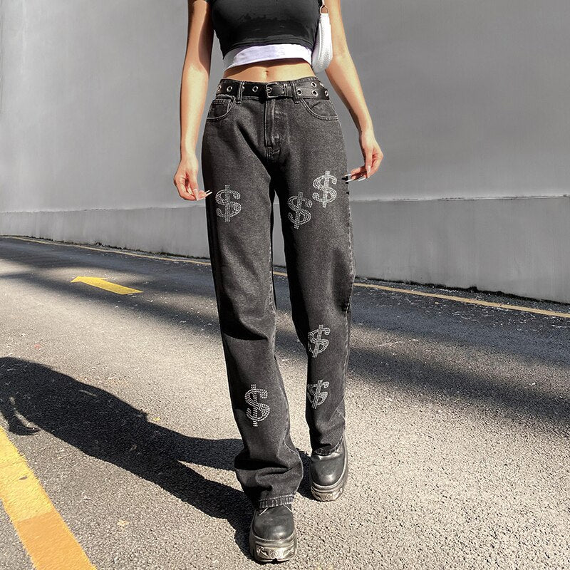 WeiYao Diamonds Chic Straight Y2K Jeans Woman Low Waist Streetwear Cargo Pants Vintage Casual 90s Denim Trousers Harajuku