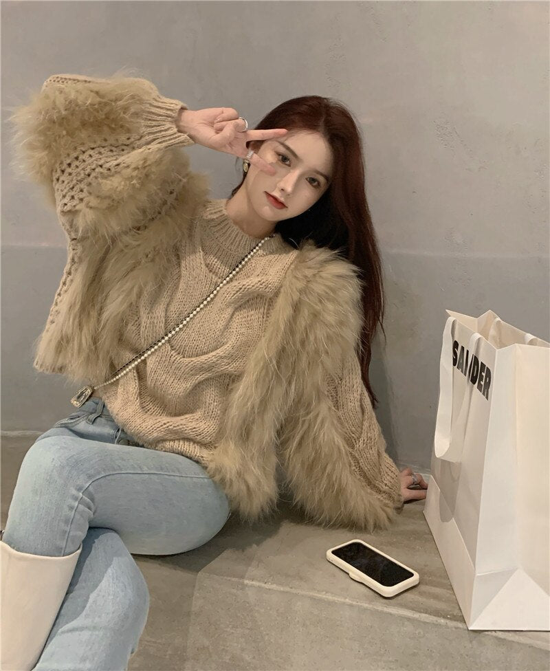 Graduation Gifts  2023 Autumn and Winter Women New Crewneck Long Sleeve Wool Sweater Fur Patchwork Fashion Pullover Sweater Tops Female