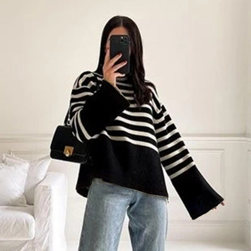 Billlnai 2023 New Korean Elegant Stripe Knitted Sweater Oversized Warm Winter Pull Female Pullovers Fashion Tops