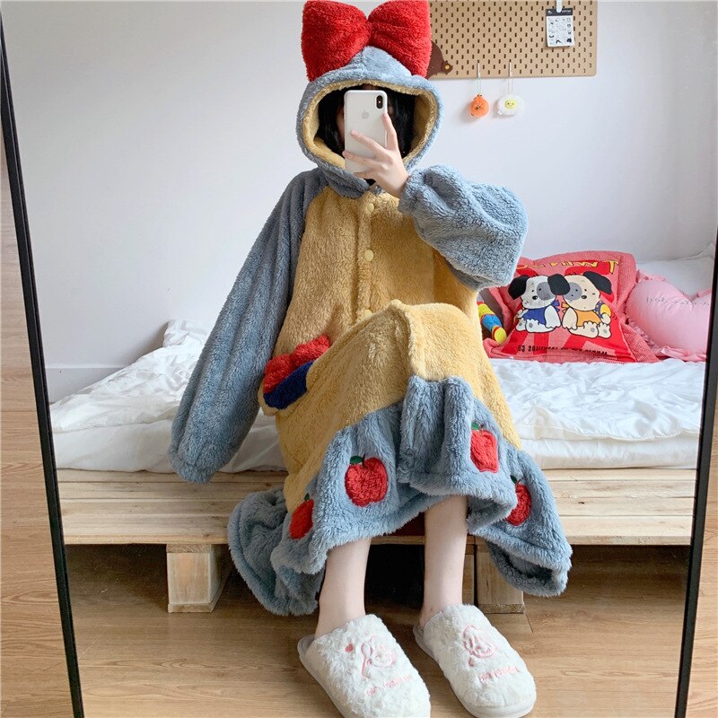 Graduation Gifts  2023 Autumn and Winter New Coral Fleece Nightgown Women Sweet Princess Nightgown Bow Plush Hooded Nightdress Hooded Long Robe