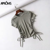 Aproms Sexy Side Drawstring Tie Up Ruched Tank Tops Women Solid Color Slim Crop Top Ladies Streetwear Ribbed Knitted Tees 2023