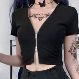 Billlnai 2023 Graduation party  Gothic Zipper Tops Women Harajuku Streetwear Bodycon V Neck Crop Top Casual Sexy Short Sleeve Black T Shirt 2023