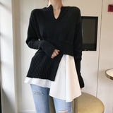 Graduation Gift  party  dress  Billlnai  2023 Black White Patchwork Knitted Sweater Women Designer Fake Two Piece Jumpers Long Sleeve Korean Elegant Pullover Office Lady