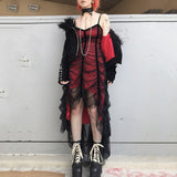 Billlnai Gothic Mesh Pleated Strap Dress Women Dark Girl Summer Red Black Irregular Patchwork Designer Long Dresses 2023