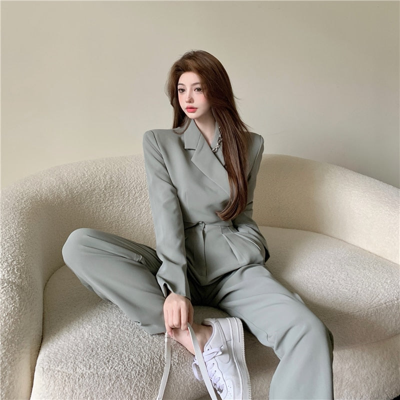 Office Lady Blazer Suits Korean Style Two Piece Set Women Long Sleeve Bandage Blazer and High Waist Suit Pant 2 Piece Outfits