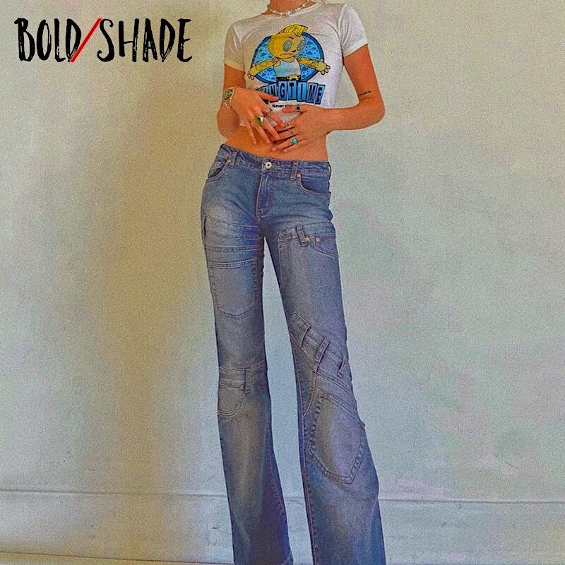 Bold Shade Soft Grunge Fashion Jeans Asymmetric Patchwork High Waist Skinny Straight Jeans Indie Urban Style Women Pants Autumn