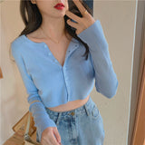 Billlnai Korean Style O-neck Short Knitted Sweaters Women Thin Cardigan Fashion Open Front Button Up Short Sleeve Sun Protection Crop Top