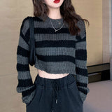 Rosetic Pullovers Striped Short Women Sweater 2020 Casual Knitwear Streetwear Jumper Gray Black Gothic Knitted Sweaters Goth