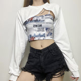 Billlnai 2023 Graduation party  Gothic Two Pieces Sets Skinny Black O Neck Long Sleeve Women Crop Tops White T-Shirts With Print Camisole Streetwear