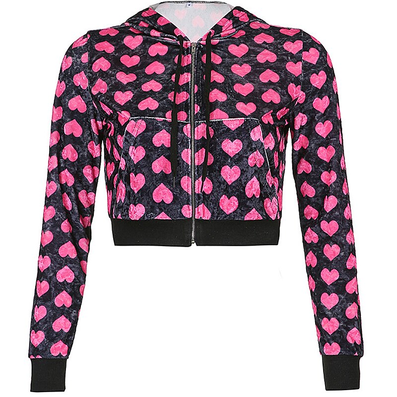Billlnai Zip Up Hoodie Y2K Jackets Velvet Two-piece Sports Sweater Graphic Heart-shape Print Cropped Sweatshirts Tracksuit Female