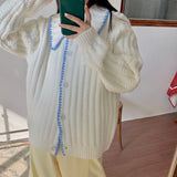Korobov Korean Sweet Hit Color Patchwork Women Cardigans Japanese Style Cute Knit Cardigan Turn-Down Collar Long Sleeve Sweaters