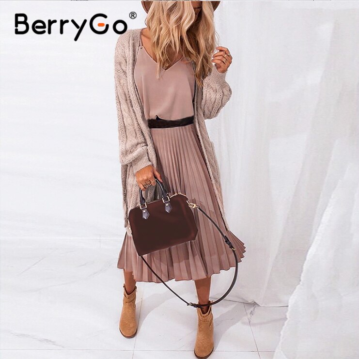 BerryGo Sexy spaghetti strap summer dress women A-line hot pink female pleated midi dress Casual office ladies party dresses new