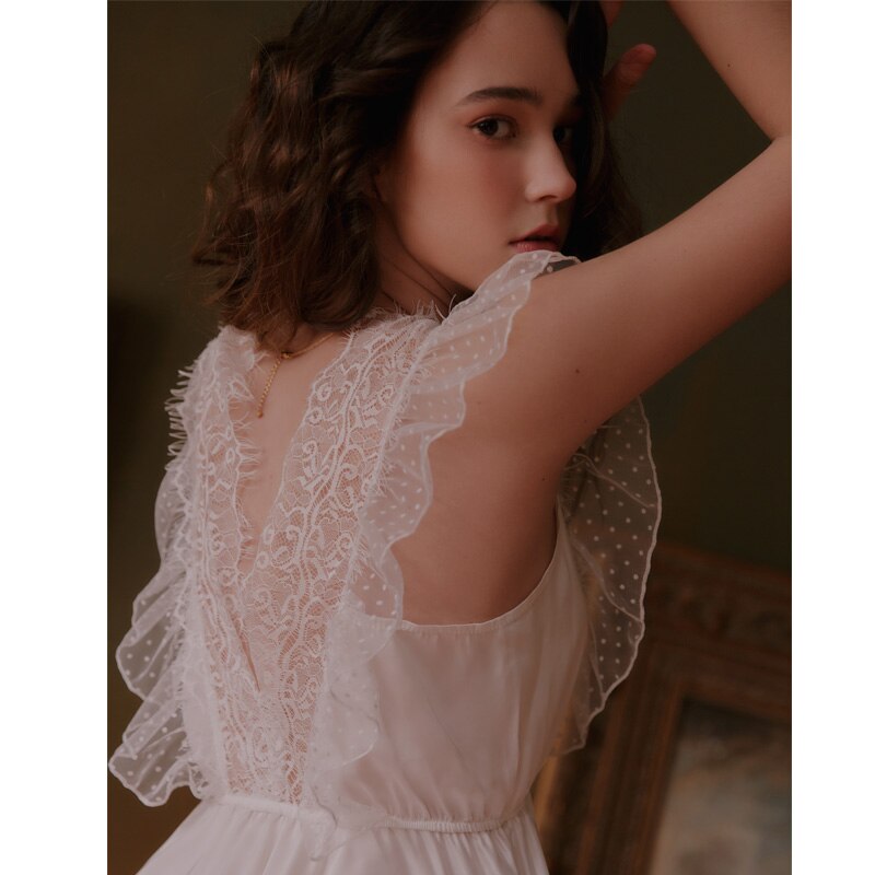 French Young Girl V-neck Lace Hollow Sexy Sleeping Bodysuit Flying Sleeveless Solid Layered Ruffle Elegant Women Summer Jumpsuit