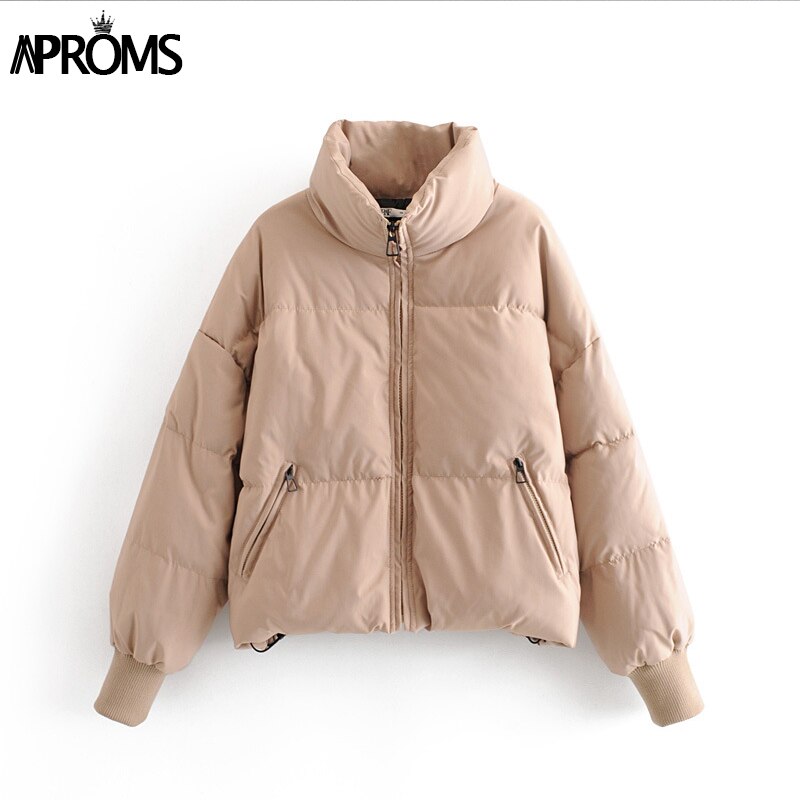 Aproms Women Solid Color Oversized Thick Parkas 2023 Winter Fashion Zipper Pockets Female Warm Coat Outerwear Black Overcoats