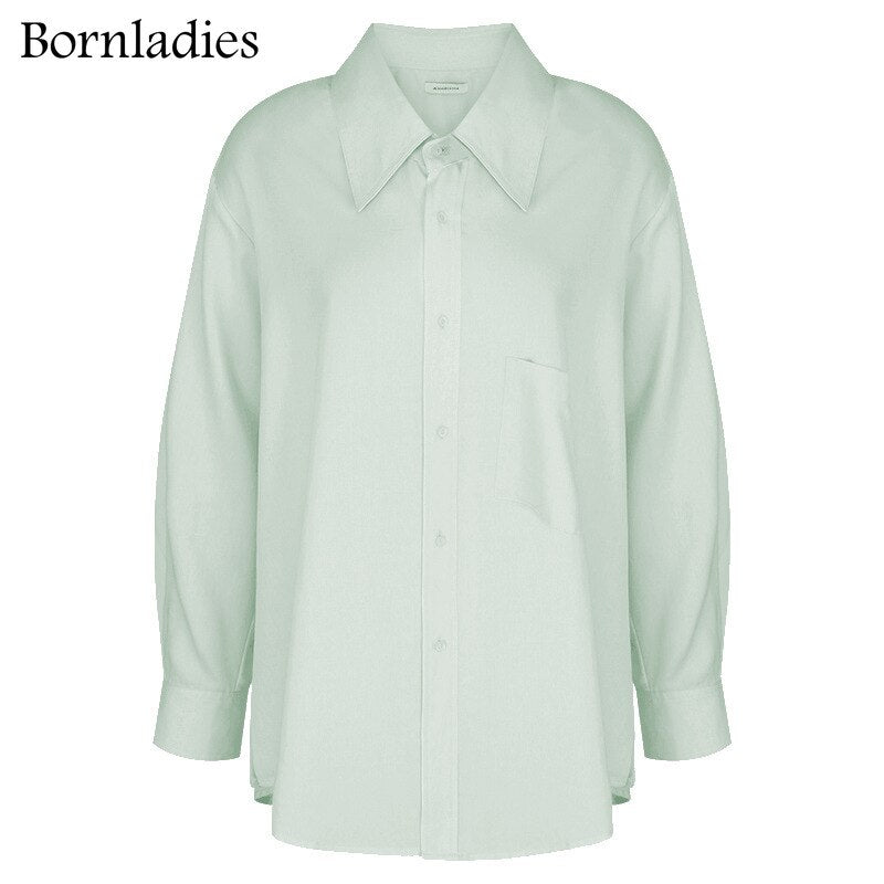 Billlnai Back To School Party Spring Summer Loose Blouses Minimalist 100% Cotton Green Shirts for Women Turn-down Collar Female Oversized Shirts