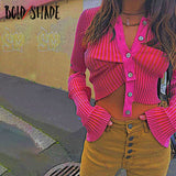 Bold Shade Streetwear 90s Fashion T-shirts Knit Button Up Long Sleeve Pink T Shirts Indie Aesthetic Y2K Bodycon Tops Autumn 2023