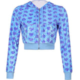 Billlnai Zip Up Hoodie Y2K Jackets Velvet Two-piece Sports Sweater Graphic Heart-shape Print Cropped Sweatshirts Tracksuit Female