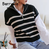 BerryGo Autumn winter polo vest Za stripes sweater vest women Elegant zipper pullover vest female Casual loose knit jumper vest