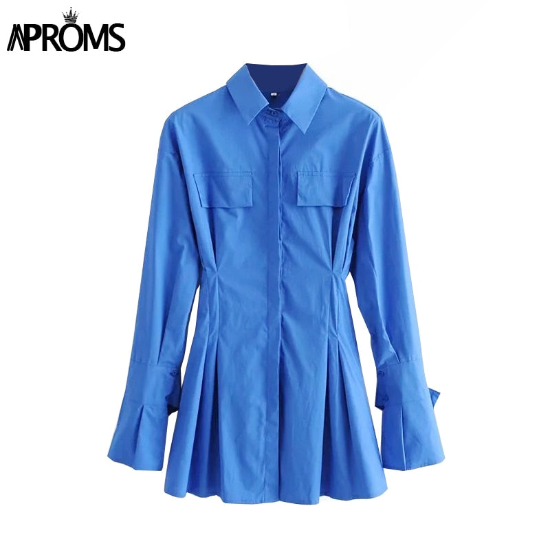 Aproms Elegant Blue Cotton Shirt Dress Women Spring 2023 High Fashion Solid Color Flared Sleeve Bodycon Mini Dresses OL Vestidos