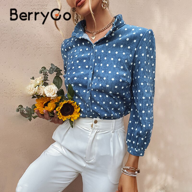 BerryGo Office Lady Turtleneck Polka Dots Women Blue Shirt Autumn Causal  Ladies Skinny Top Female Regular Sleeves Blouse 2023