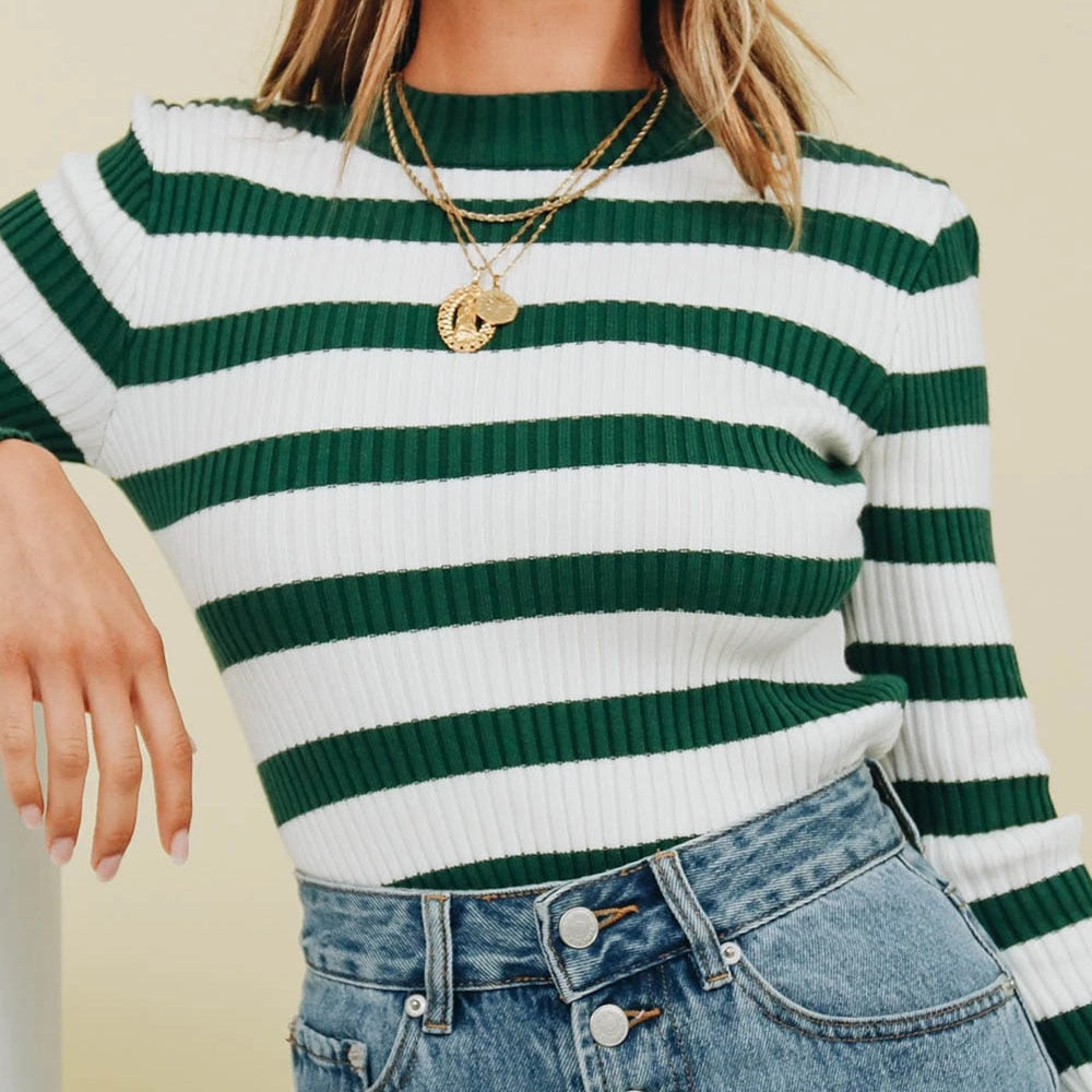 Women Casual Green Striped All-Match Sweater Long Sleeve O neck High Street Slim Pullover 2023 Autumn New Fashion Women Sweater