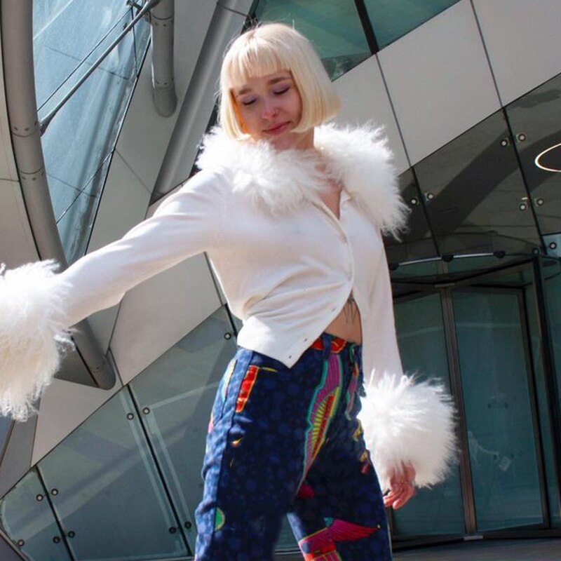 Billlnai Autumn 2023 Fur Trim Cute Y2K Cardigan Jackets Women Single Breasted Elegant Fashion HighStreet Long Sleeve Sweats Tops