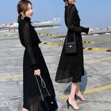 Black Party Elegant Mesh Sleeve Spring Autumn Polka Dot Solid Dress Women Fashion Dresses