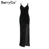 BerryGo sequined long dress women Spaghetti strap  Sexy v-neck split dresses Elegant bodycon dress party vestidos de fiesta 2019