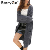 BerryGo Winter knitted sweater long cardigan Women autumn long sleeve pocket cardigan Casual streetwear loose sweater jumper
