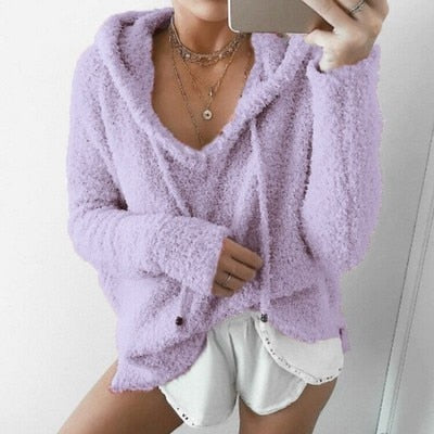 Graduation Gifts  2023 Autumn Top Women Casual Mohair Hooded Pullovers V Neck Fleece Sweater Fashion Sweet Loose Warm Winter Mohair Tops Pullover