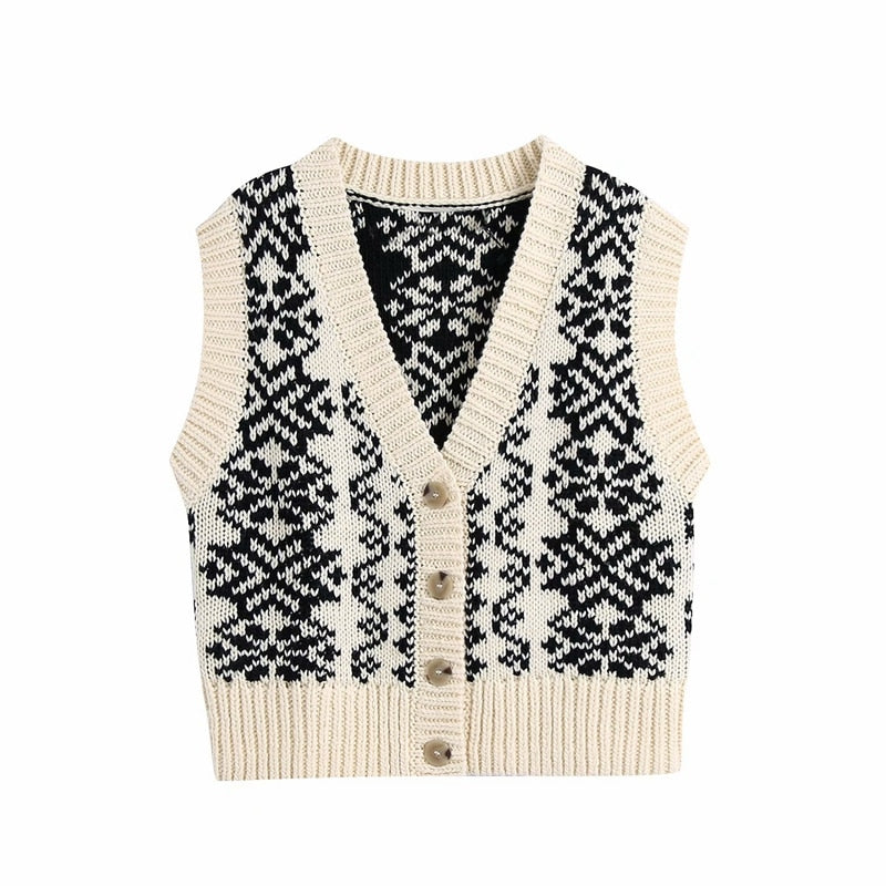 Billlnai Fashion Sweater Vest Geometry V Neck Knitted Pullover Jacquard Female Vintage Argyle Sweater Chic Tops